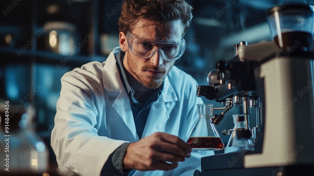 Poster scientist conducting experiments with laboratory equipment in a modern lab during evening hours
