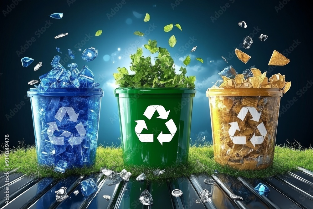 Poster glass recycling bin with glowing neon elements emphasizing the fusion of technology and environmenta