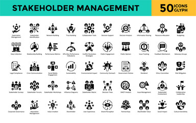 Stakeholder Management icon set with expectation management, stakeholder identification, network building, trust building, collaboration tools, decision support  icon. Simple glyph vector 
