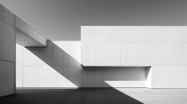Minimalist white concrete building with sharp angles and shadows