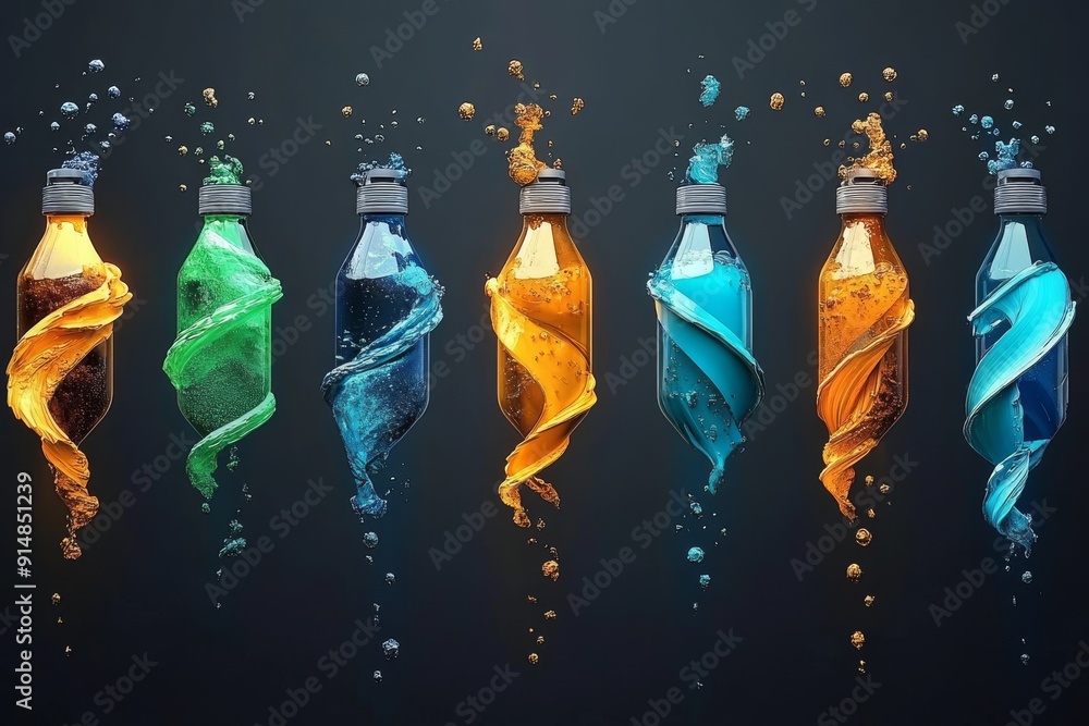 Poster set of colorful plastic bottles arranged in a creative pattern promoting recycling and the importanc