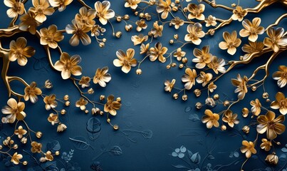 Elegant gold and royal blue floral tree with leaves and flowers hanging branches illustration background. 3D abstraction wallpaper for interior, Generative AI 
