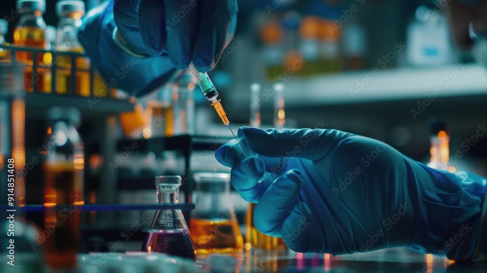 Poster close-up of a scientist filling a vial with a syringe in a laboratory setting