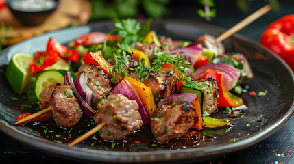 Fototapeta premium Grilled Beef and Vegetable Skewers - Delicious Food Photography