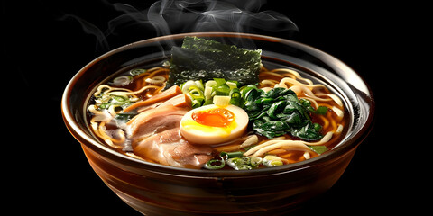 Steaming Bowl of Ramen Noodles with Pork, Egg, and Green Onions - Realistic Food Photo