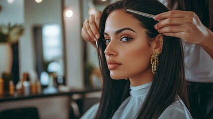 Woman Getting a Stylish Haircut at a Modern Salon in Bright Daylight