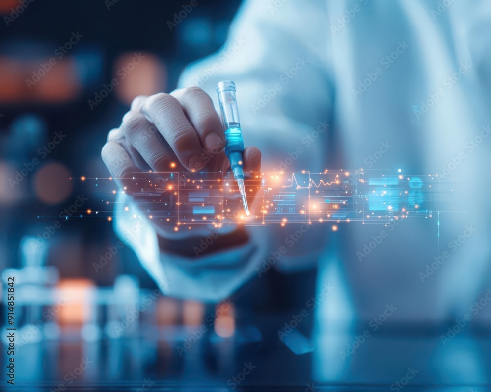 Poster a scientist uses a pipette in a lab, showcasing innovation and technology in research with digital d