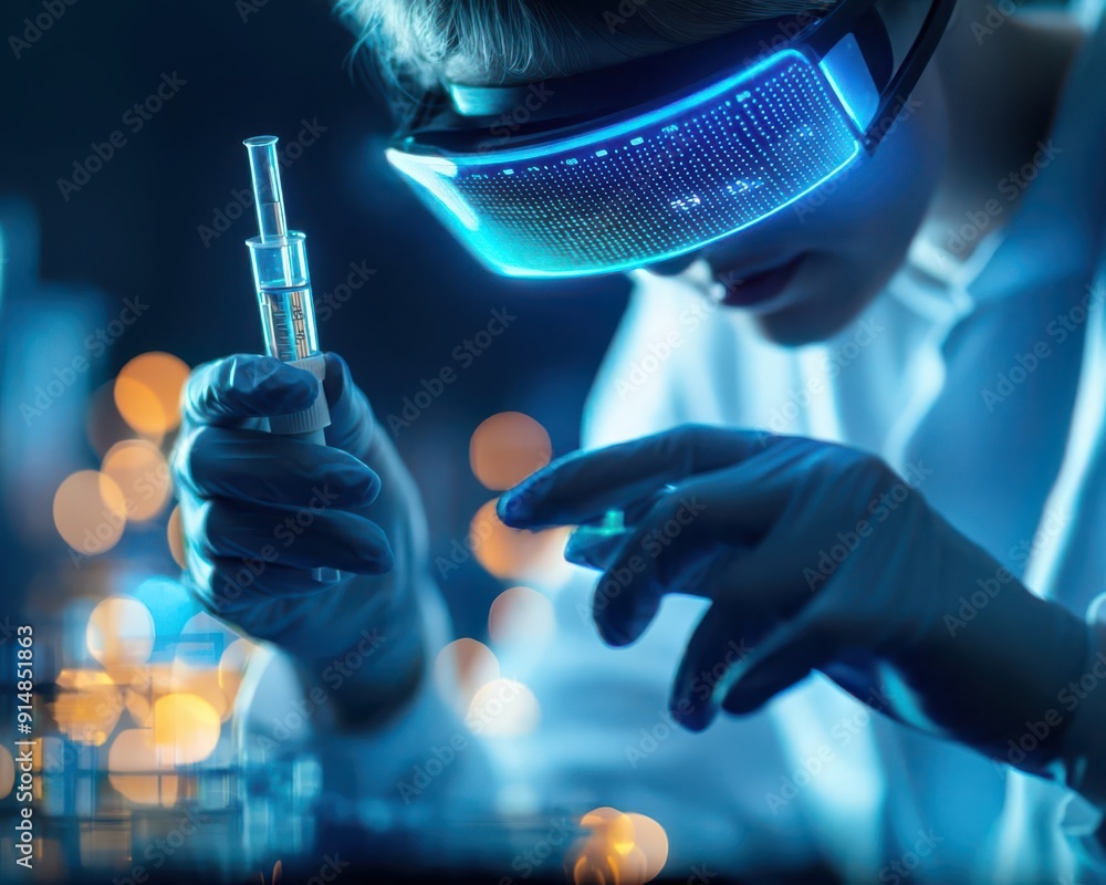 Poster futuristic scientist using virtual reality technology in a laboratory, experimenting with colored li