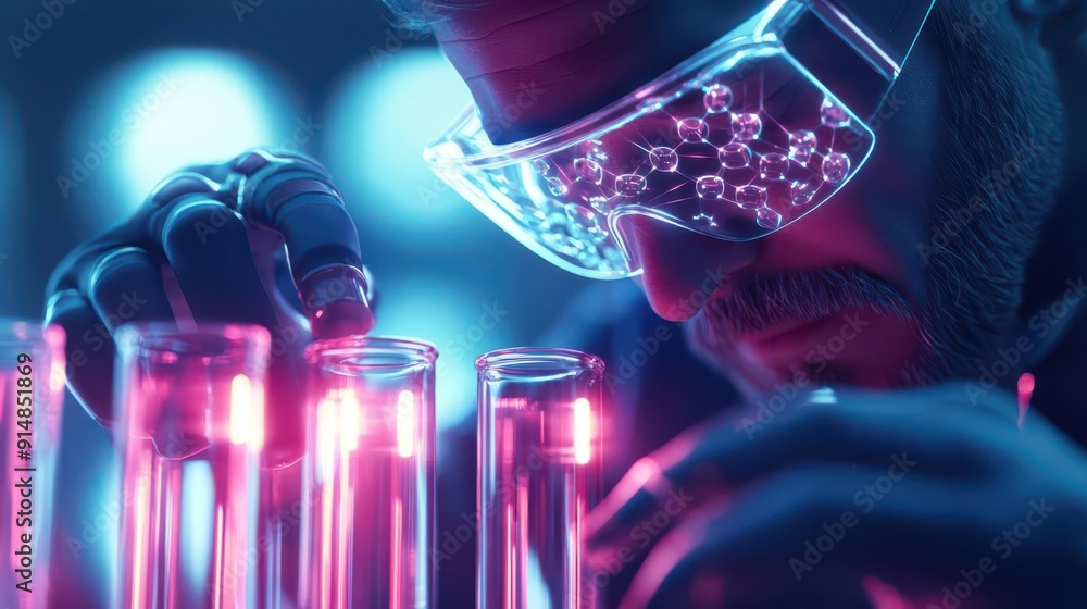 Poster close-up of a scientist in goggles conducting an experiment with glowing test tubes in a dark labora