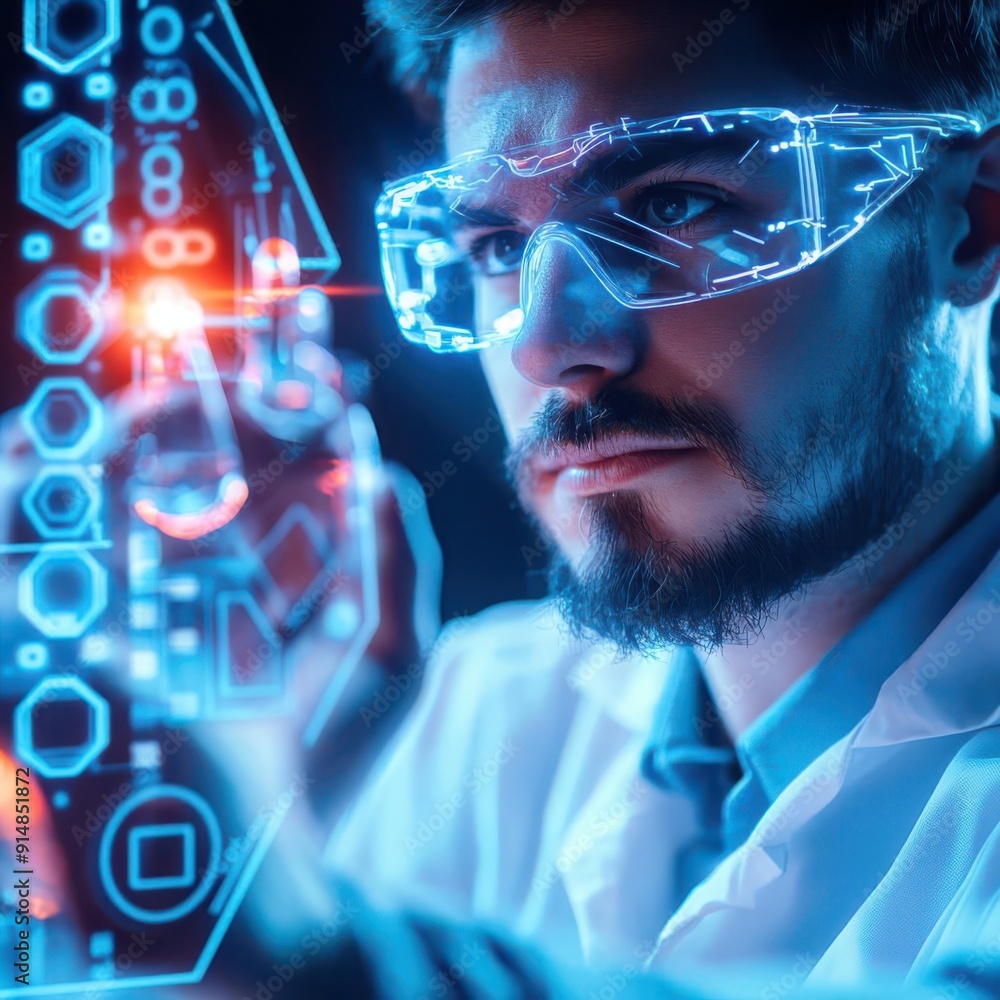 Aufkleber focused scientist using futuristic technology to analyze data with digital interface, showcasing inn