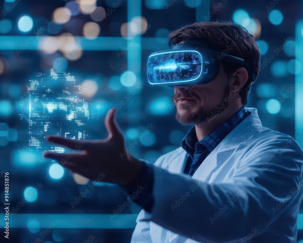 Poster a scientist wearing virtual reality goggles explores a digital hologram in a futuristic lab environm