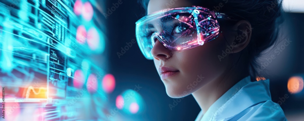 Poster a focused scientist analyzing data on a futuristic interface, showcasing the blend of technology and