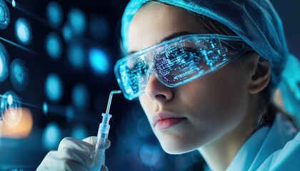 Focused scientist using advanced technology with protective eyewear, analyzing data in a laboratory environment.