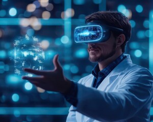 A scientist wearing virtual reality goggles explores a digital hologram in a futuristic lab environment.