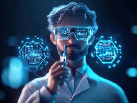 A digital scientist holding a syringe, surrounded by glowing futuristic data displays in a high-tech laboratory environment. - Powered by Adobe