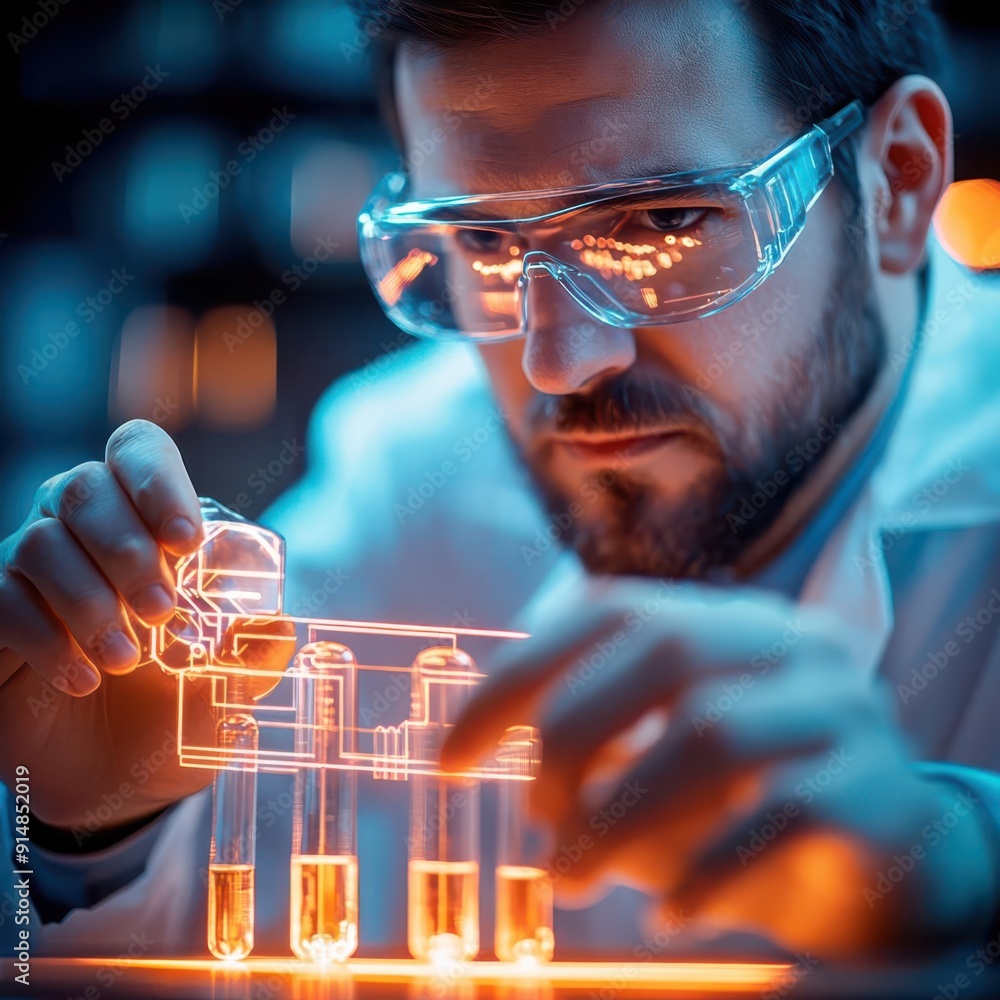 Poster a scientist conducts experiments in a laboratory, demonstrating precision and innovation with glowin