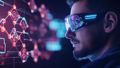 A man wearing futuristic glasses examines digital data visualizations, embodying advanced technology and innovation.