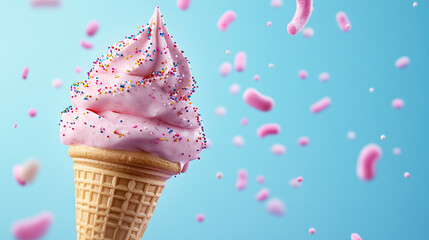 Close up of pink ice cream cone with swirl on blue background