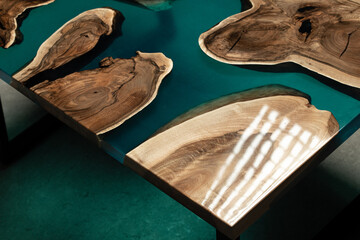 Expensive vintage furniture. The table is covered with epoxy resin and varnished. Luxury quality...