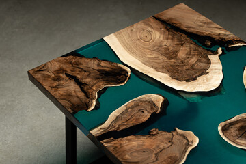 Expensive vintage furniture. The table is covered with epoxy resin and varnished. Luxury quality...