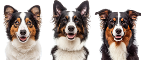 Collection of three dogs energetic Border Collies set isolated on white background