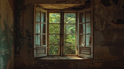 Obraz premium open window in an old abandoned house 