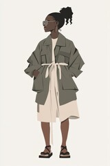 Minimalism illustration, a Black woman, wearing a recycled polyester jacket with sustainable leather sandals, standing with arms at her sides, eco-friendly fashion, boho, flat illustration