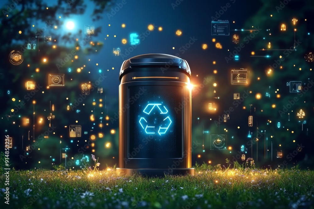 Poster neon lit recycling symbol on a dark backdrop emphasizing the integration of digital technology with 