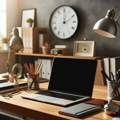 AI generate office desk with clock and laptop