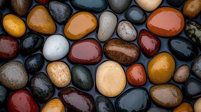 Texture of smooth pebbles, riverbed stones, wet surface Background