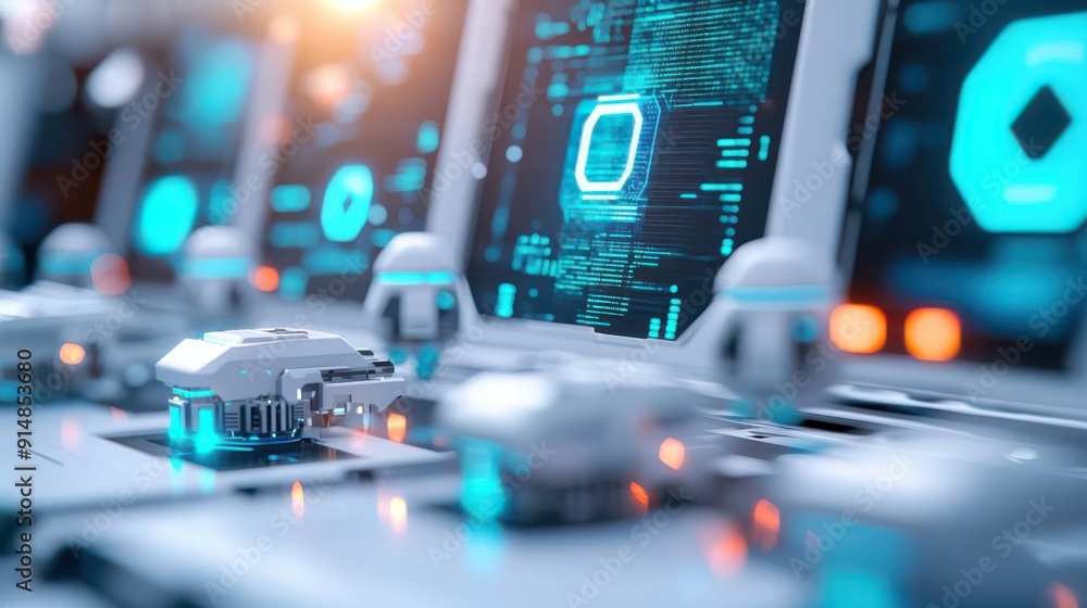 Aufkleber a futuristic control panel featuring digital screens and robotic elements, showcasing advanced techn