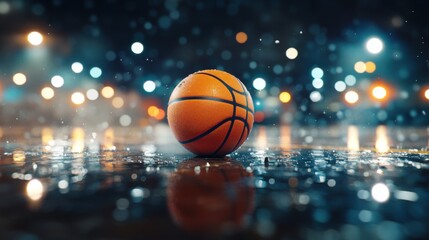 Medium shot of a basketball placed in the center of an outdoor basketball court, illuminated by bright court lights, showcasing the texture of the ball and the court surface, captured in high