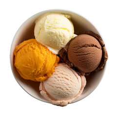 top view four flavor variations ice cream gelato in a bowl isolated on white background