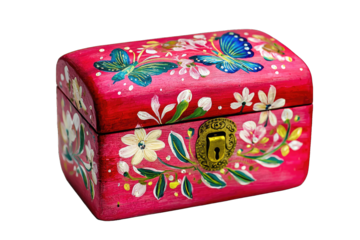 A beautifully crafted pink decorative treasure box adorned with vibrant butterflies and floral designs.