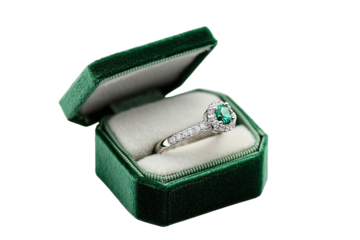 Elegant emerald ring in a vintage green velvet box, perfect for engagement or special occasions.