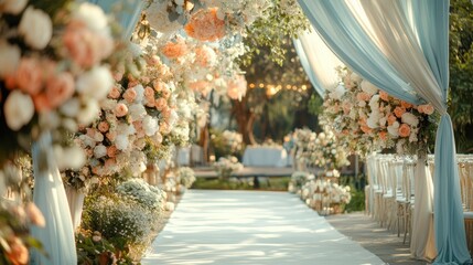 Elegant wedding setup with floral arrangements and soft pastel colors