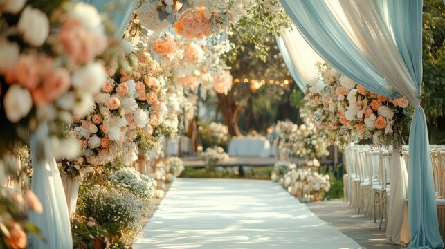 Elegant wedding setup with floral arrangements and soft pastel colors