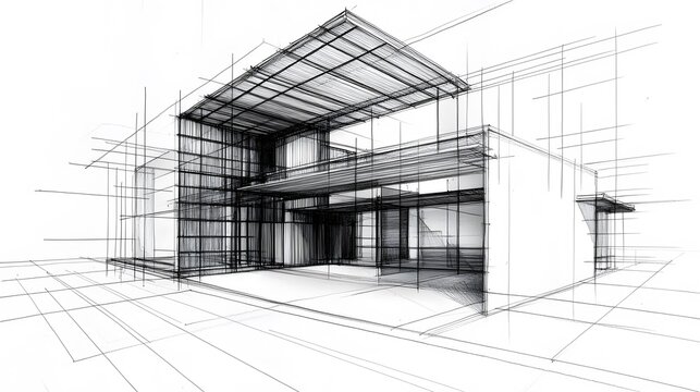 5. "A pencil and marker rendering of a house facade, with contemporary design features and intricate details. The background is filled with technical drawing overlays, such as scale grids and