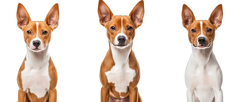 Collection of three dogs happy Basenjis set isolated on white background