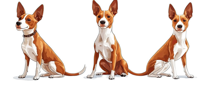 Collection of three dogs happy Basenjis set isolated on white background