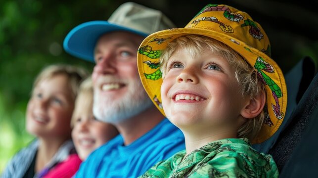 Tour guide with family group, theme park Background