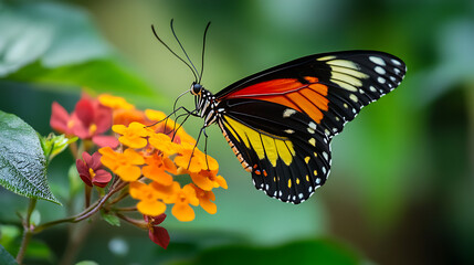 Fototapeta premium A close-up view of a butterfly perched on a bright flower in a well-maintained garden 