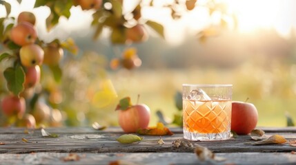 Naklejka premium Apple juice in a crystal-clear glass, wooden table, apple orchard in fall, harvest season.