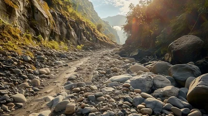 Zelfklevend Behangcirkel  full shot of rocky, dangerous road, steep slope, nice day light © Artem