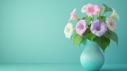 Vase with morning glory on soft green background