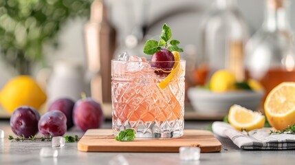 Fototapeta premium A refreshing cocktail of plum juice and sparkling water with a twist of lemon in a highball glass, perfect for summer.