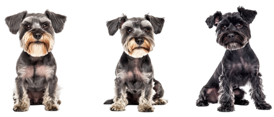 Collection of three dogs joyful Schnauzers set isolated on white background