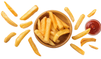 top view french fries flying with chili sauce isolated on white background
