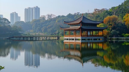 Fototapeta premium Dongtan Lake Park with beautiful reflections