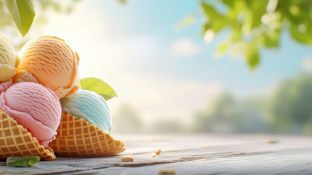Colorful ice cream scoops in waffle cones on rustic wooden table.